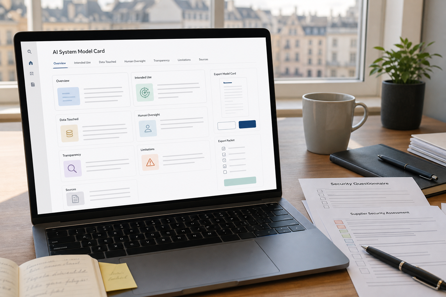 Compliance report packet cards on a laptop workstation